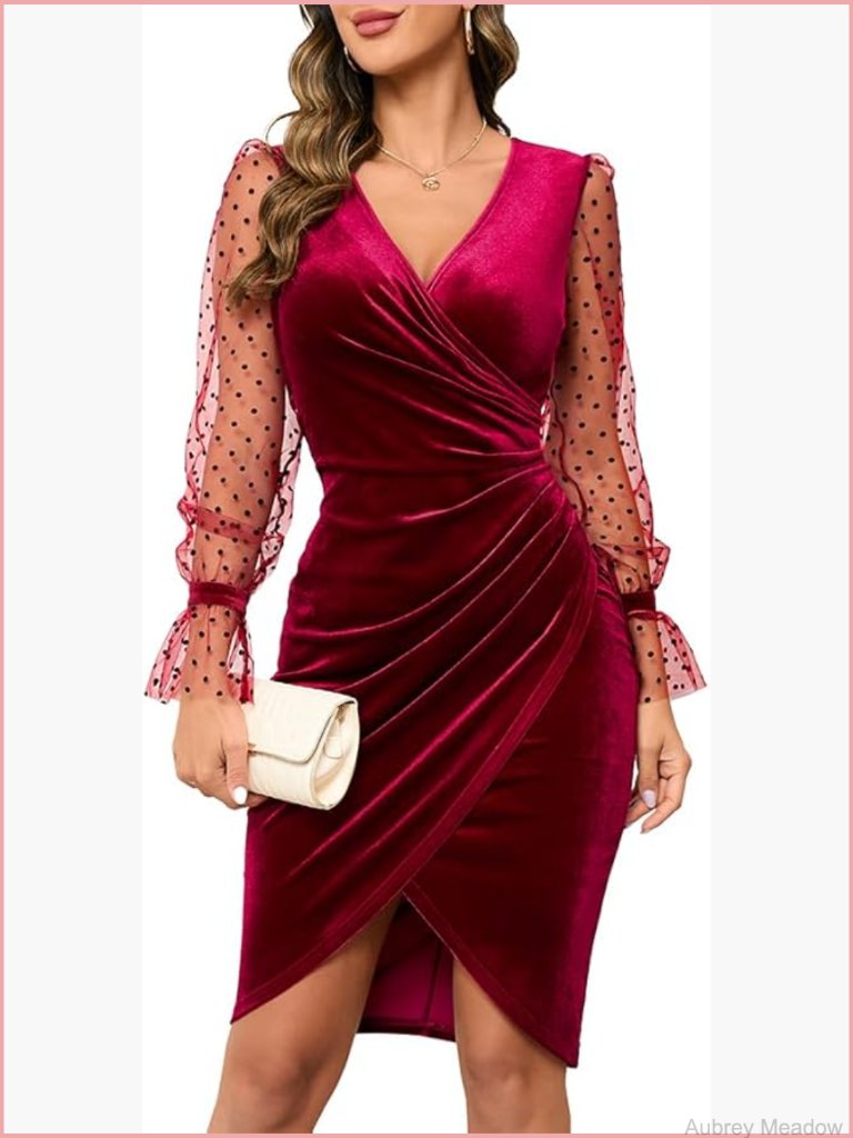 V Neck Long Sheer Sleeve Velvet Faux Wrap Ruched Sheath Bodycon Cocktail Party